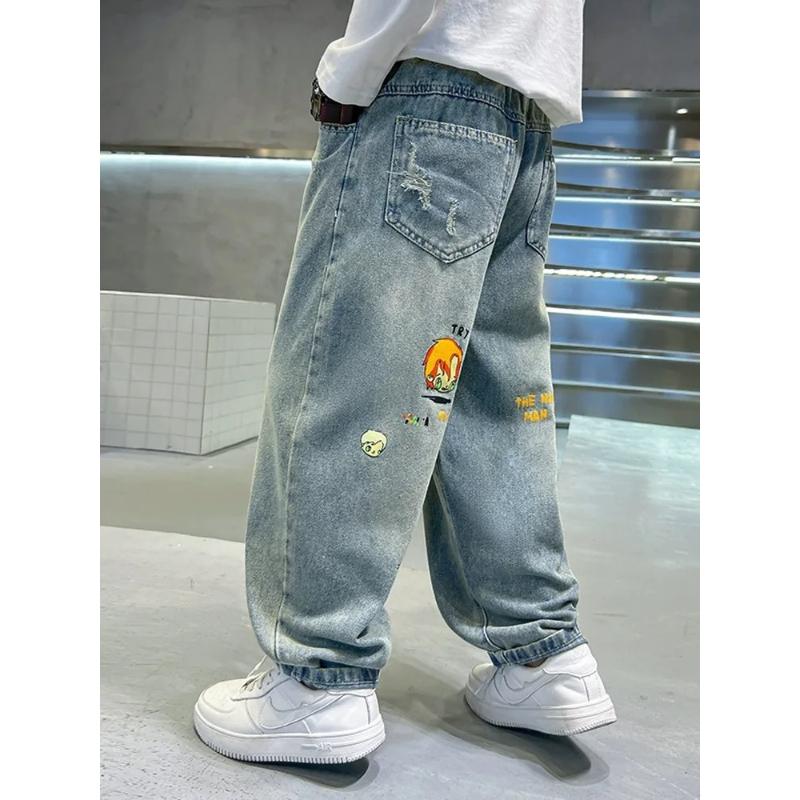 Boys' Jeans Spring and Autumn Cartoon Children's Pants Fashionable Big Boys' Straight Leg Pants Kids Hip Hop Pants 4-14Year