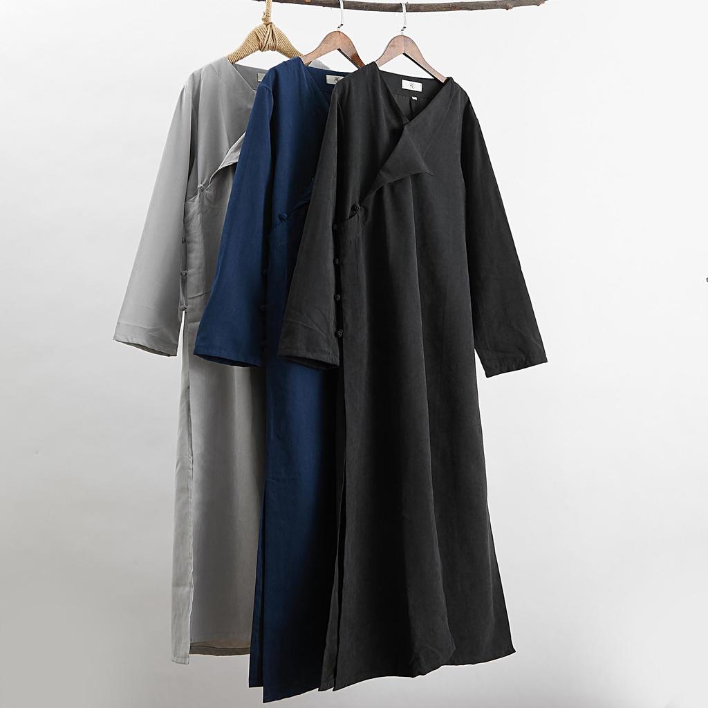 Pánská ležérní lněná košile s dlouhým rukávem v čínském stylu s žabkovými knoflíky - Zenový čajový oblek roucho