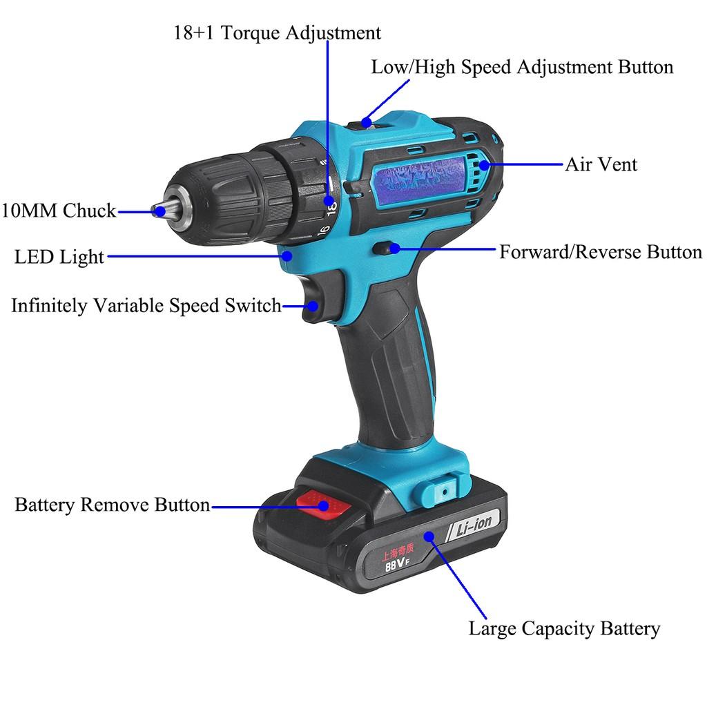 AC 220V 88VF Power Cordless Electric Drill Flat ScrewDriver Li-Ion Batery Rechargeable 18+1 Torque Hand Power Tool