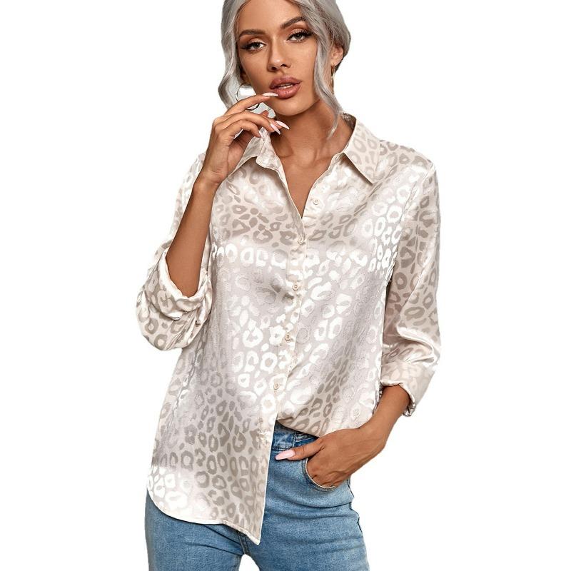 Women's Spring and Summer Lapel Open Button Leopard Print Jacquard Shirt Casual Long-sleeved Shirt