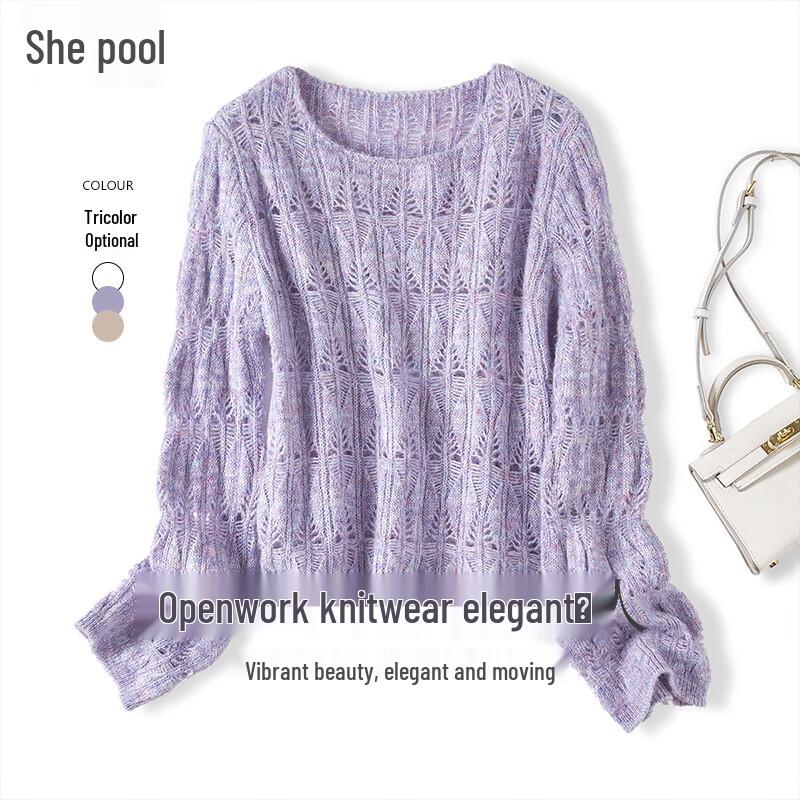 

Women s Hollow-Out Round Neck Loose Knit Sweater One Size