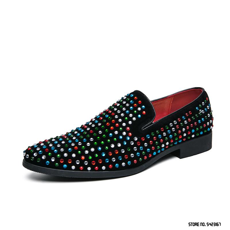 Fashion Luxury Designer Charm Rhinestones Pointed Flats Oxford Shoes Men Casual Loafers Formal Dress Footwear Sapatos Tenis Masculino