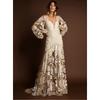 New European American Style Deep V Backless Tulle Embroidery Puff Sleeve Dress Evening Party Gown