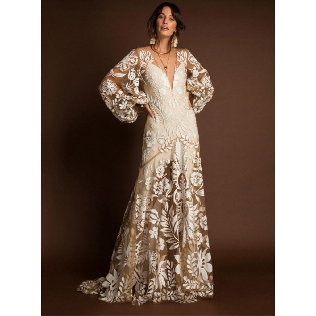 New European American Style Deep V Backless Tulle Embroidery Puff Sleeve Dress Evening Party Gown