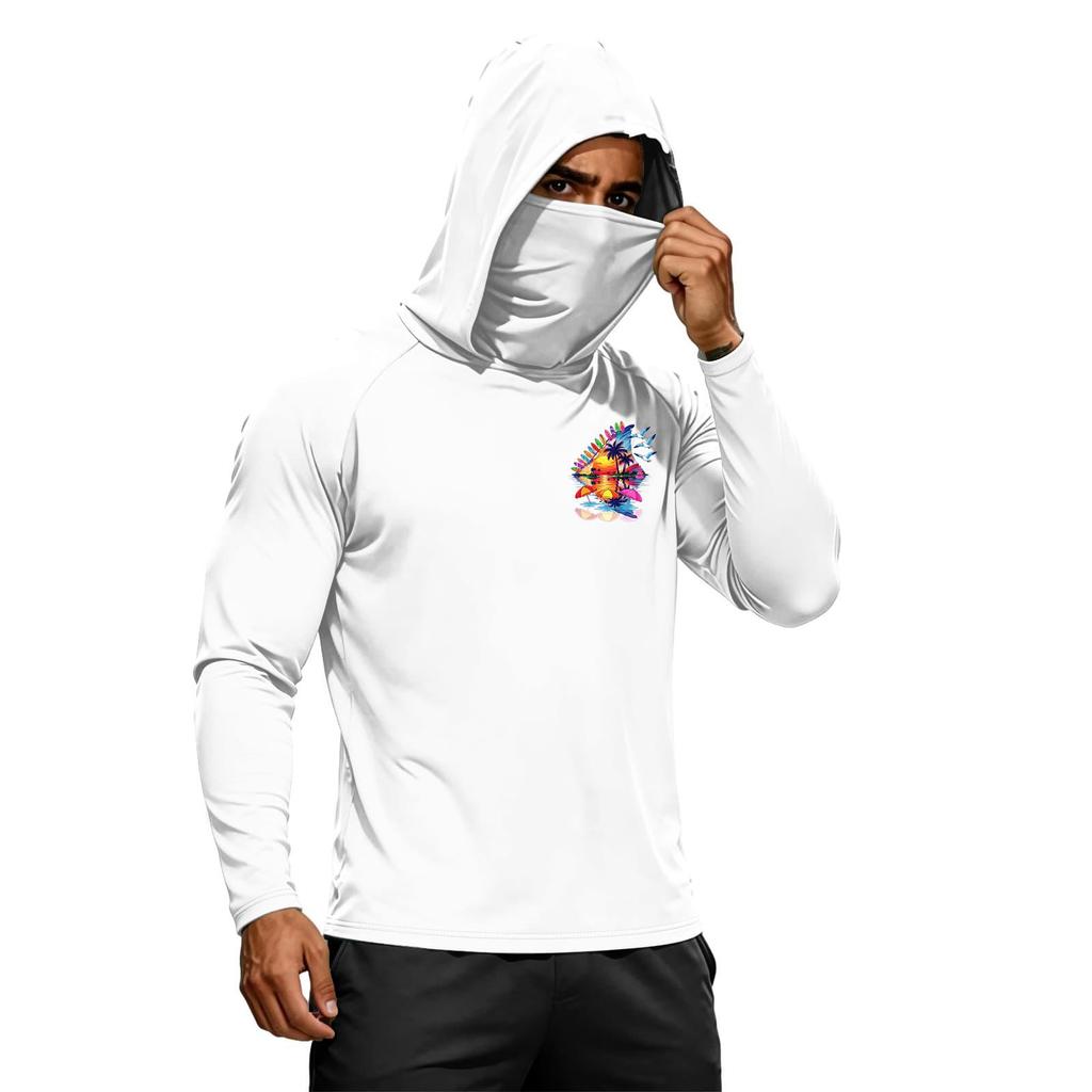 Men's Summer Hawaiian Print Quick Dry Long Sleeve T Shirt Ice Silk UPF50 Plus UV Protection Fitness Sports Hooded Sun Protection Top