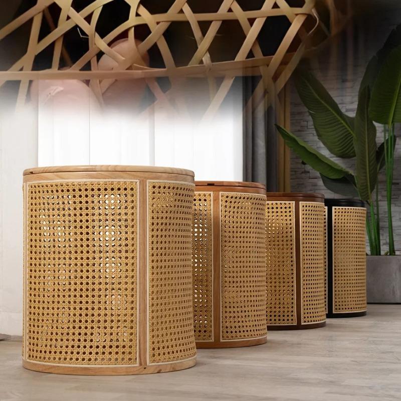 Vintage Solid Wood Rattan Storage Stool Wabi-Sabi Japanese Nightstand Round Bucket Ottoman for Bedroom Guesthouse Decor