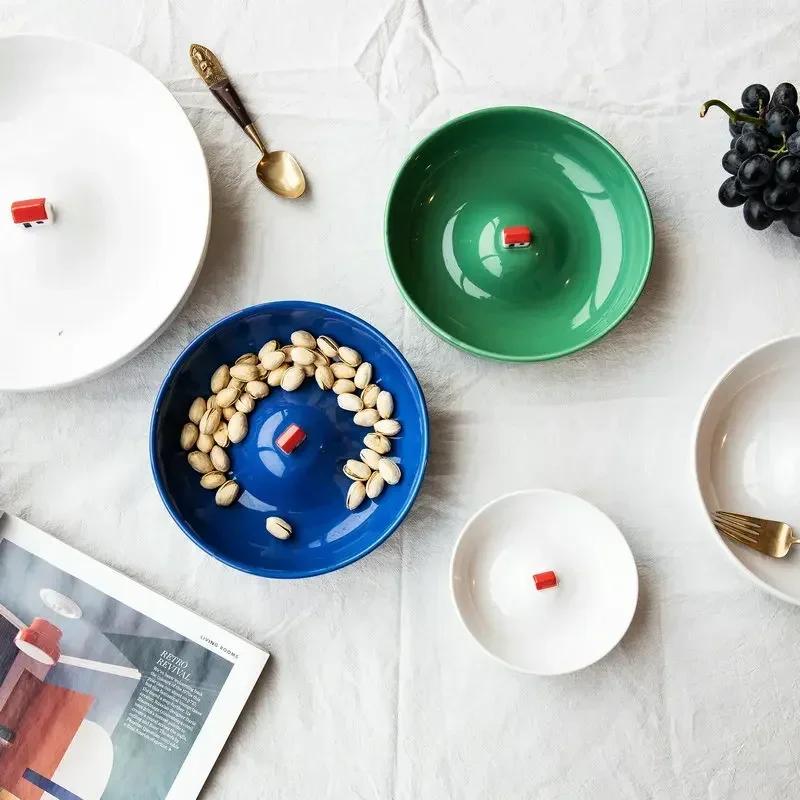 Hand-made Three-dimensional Small House Plate Home Decoration Bowl Creative Round Water Porcelain Plate Soup Plate