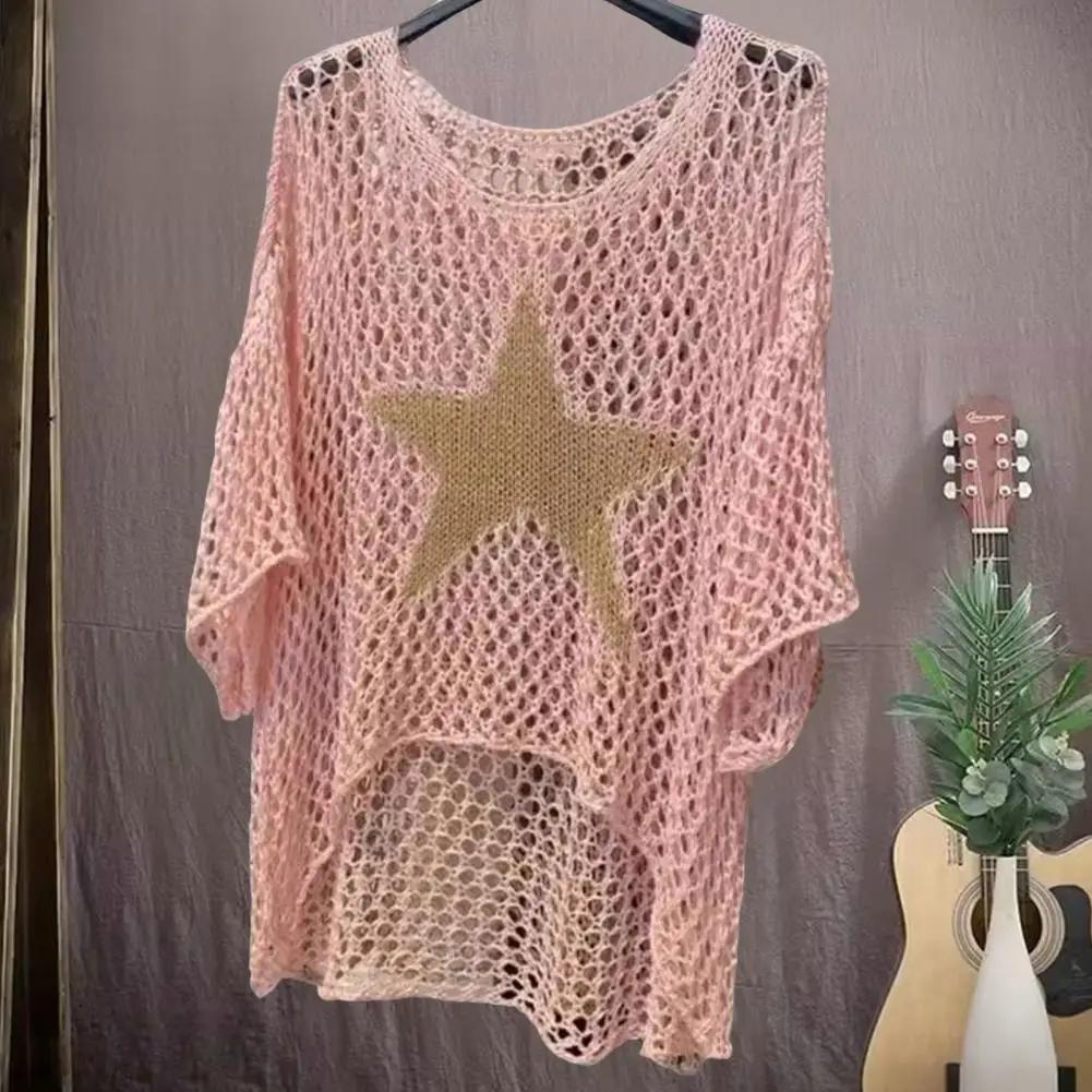 Fashion Women Star Pattern Mesh Sleeves Hollow Out Fishnet Knit Beach Cover-Up Pullovers Five-Star Round Neck Hollow Crochet Top