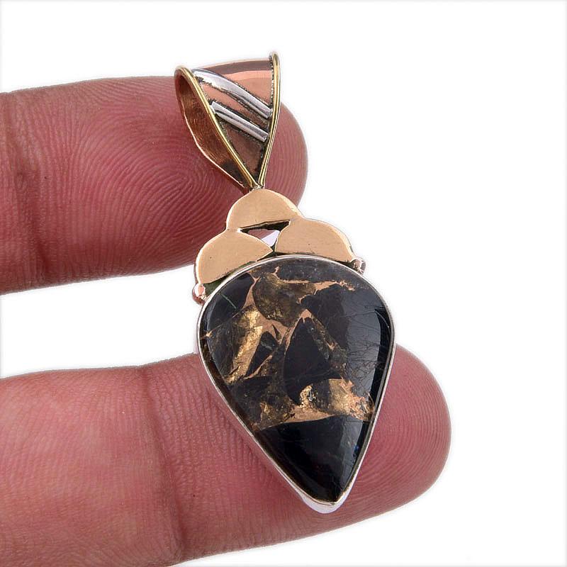 

Natural Black Turquoise Gemstone 925 Sterling Silver Two Tone Pendant 1.75 Y5P89