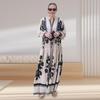 Yousheng Lady Spring Maxi Dress V Neck Retro Contrast Color Printed Long Sleeves Loose Single-breasted A-line Patchwork Casual Daily Dress