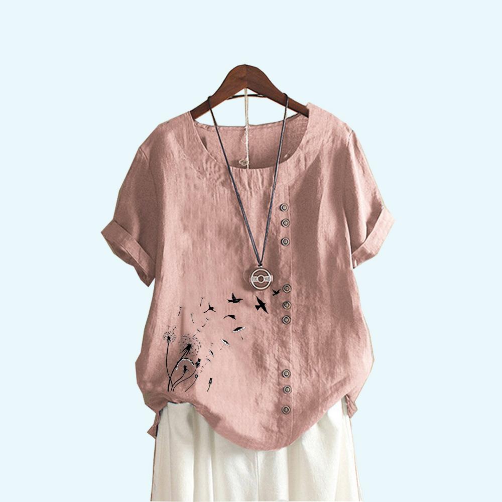 Frauen Mode Kurzarm T-shirt Sommer & Herbst Casual Rundhals Floral Print Top Pullover Lose Baumwolle Leinen Blusen