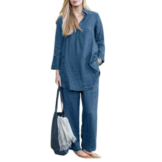 2 Pcs/Set Women Shirt Pants Set Solid Color Lapel Long Sleeve Wide