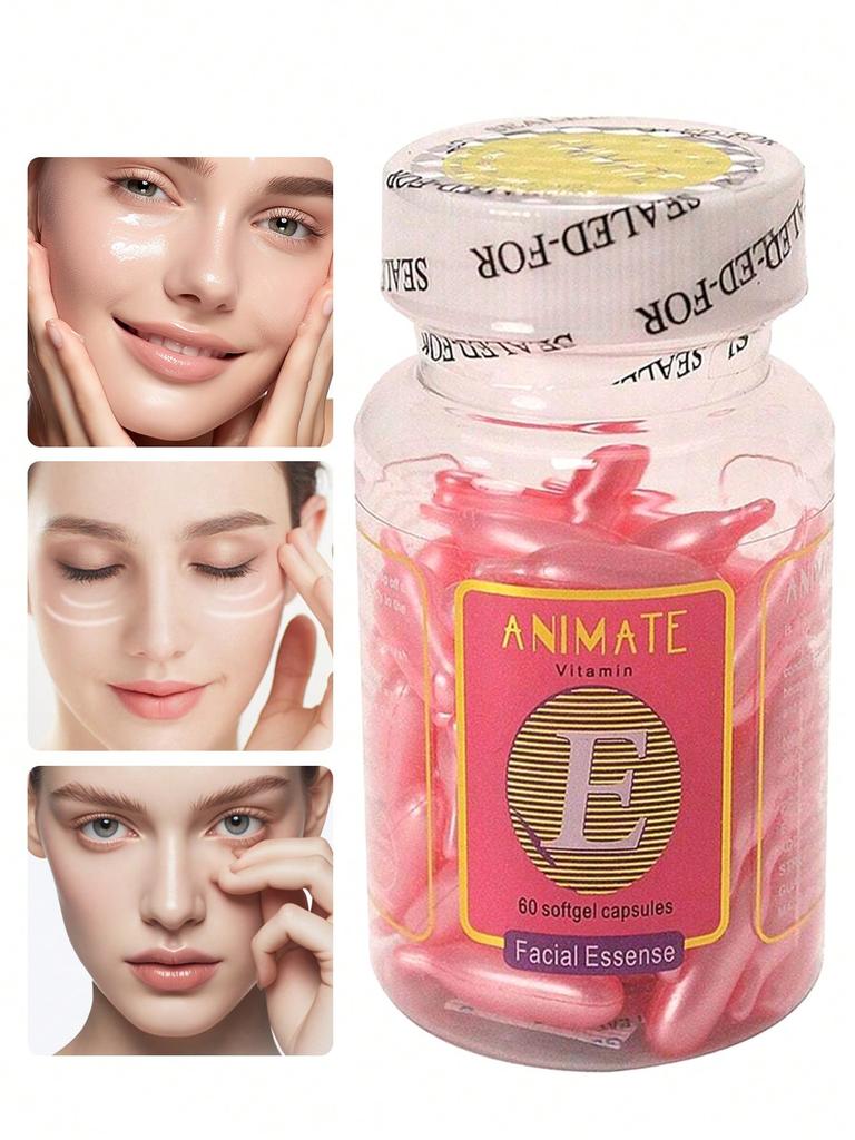 60PCS Vitamin E VE Facial Essence Capsule (Pink), Bottled, Deeply Activates Skin, Moisturizes, Brigh