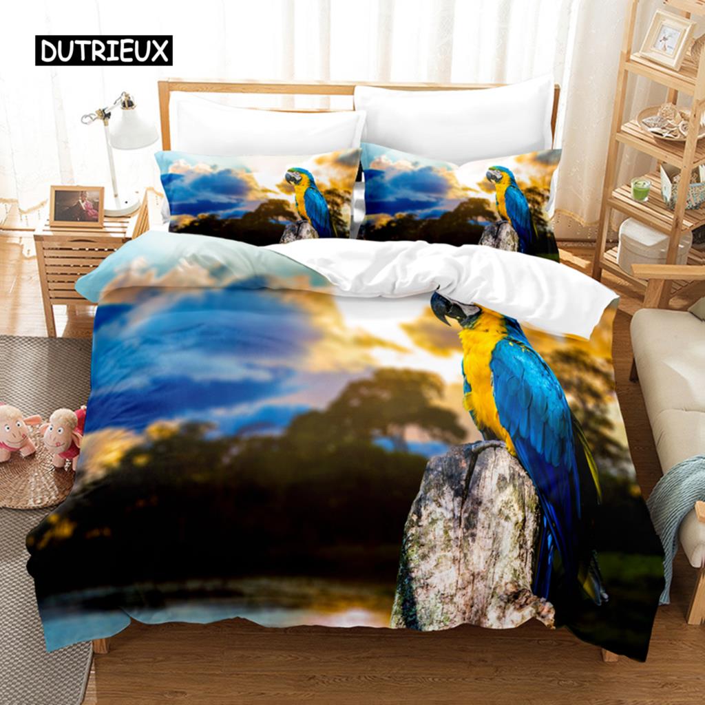 3D Parrot Duvet Cover Set Microfiber Bedding with Pillowcase King Queen Twin Luxury Animal Print Quilt Cover
