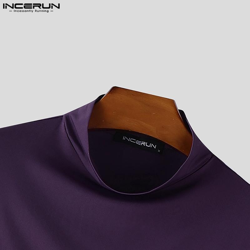 INCERUN Magliette intime casual aderenti a maniche lunghe con collo alto e cut-out con fasce da uomo