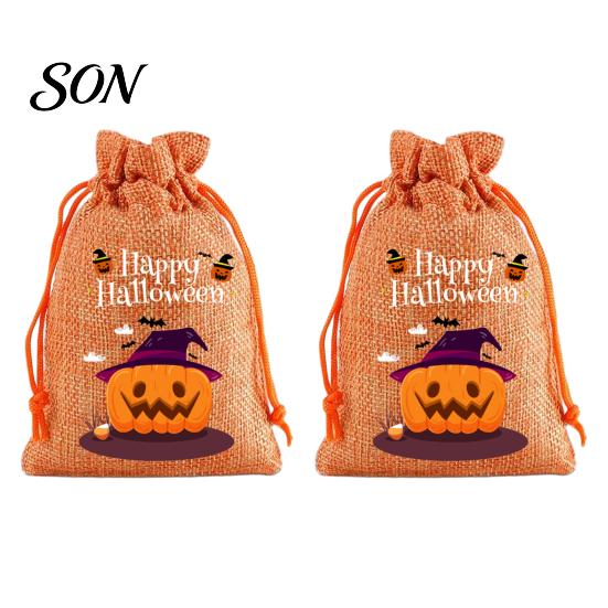 Lightweight Candy Carriers 2Pcs Halloween Pumpkin Drawstring Bags for Treats, Retro Burlap Pattern Party Favors Trick or Treat Bags, Portable