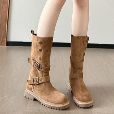 2024 Herbstmode Neue Damen Bequeme Einfarbige Runde Zehe Schnallenverziert Mid-Calf Mode Stiefel
