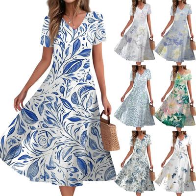 Women's Summer Casual Fashion Print Pocket Short Sleeve V-Neck Swing Dress