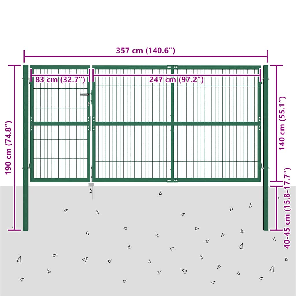 Garden Gate with Posts 350x140 Cm Steel Green