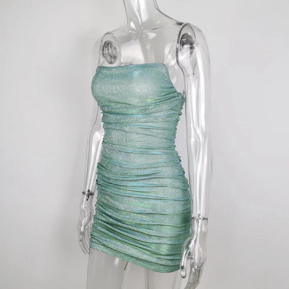 Sparkling Strapless Rhinestone Pleated Spaghetti Strap Bodycon Dress - Slim Fit & Off-Shoulder Style