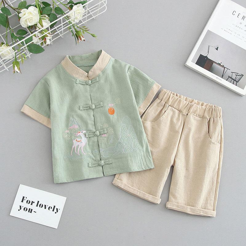 Hanbok pentru copii Costum Tang pentru băieți Stil chinezesc Costum de vară pentru copii cu mânecă scurtă din bumbac și in Stil retro Ming pentru copii