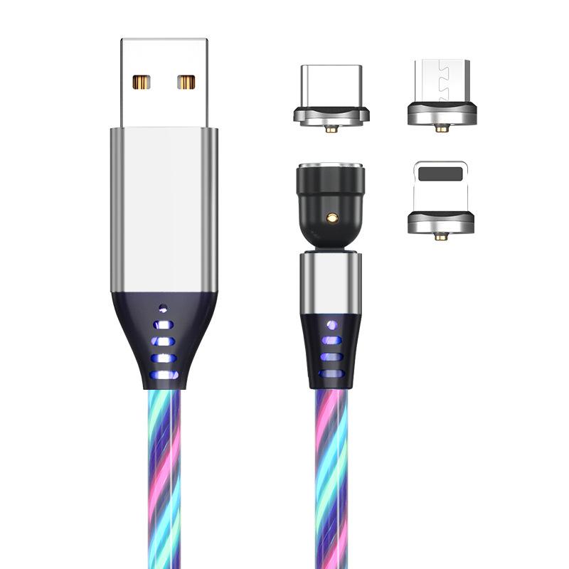 3 in 1 540 Degree Rotating Magnetic Charging Cable with Flowing Light 1m Elbow Gaming Cable for Apple/Android/Type-C