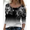 Women's Floral Print Gradient Long Sleeve Top Casual Crew Neck 3D Rose Print Tunic Shirt