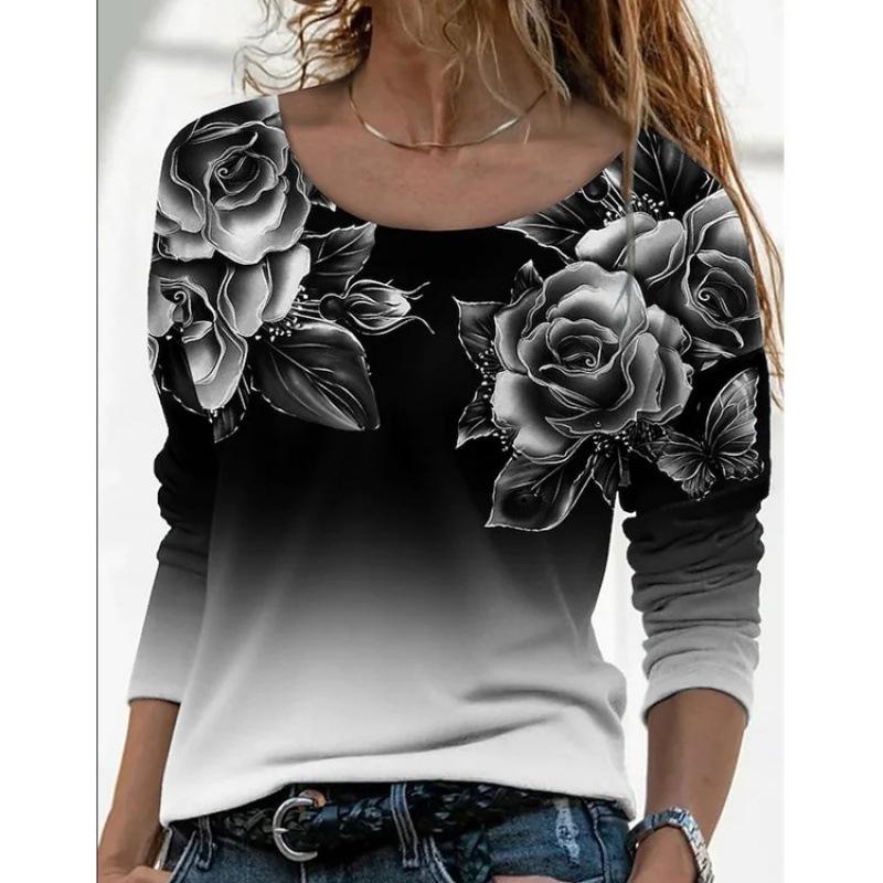 Women's Floral Print Gradient Long Sleeve Top Casual Crew Neck 3D Rose Print Tunic Shirt
