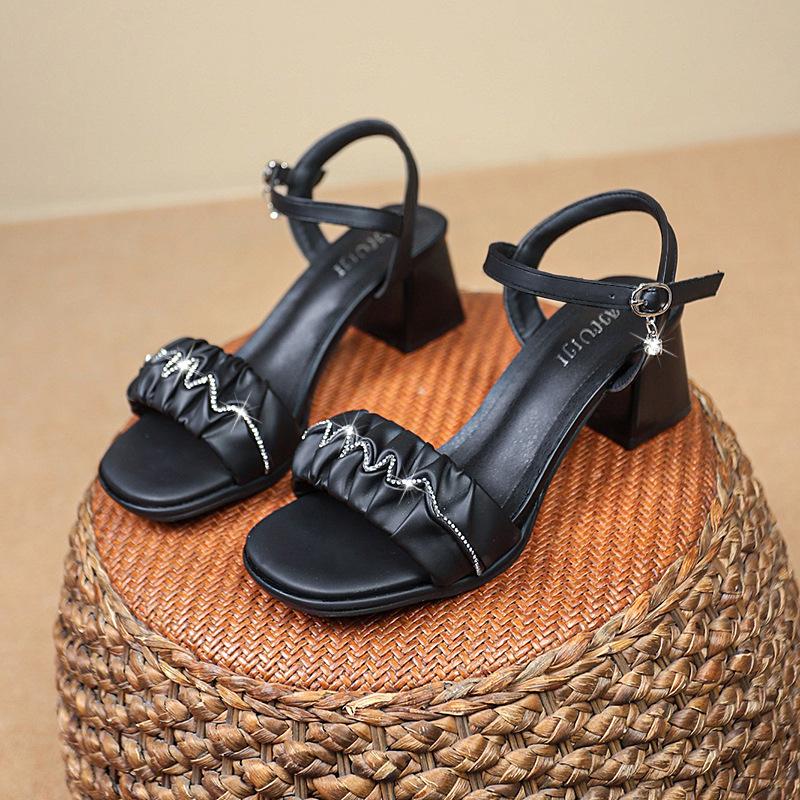 

Французские римские сандалии женские 2025 новая летняя универсальная модель на среднем каблуке для работы, не утомляющая ноги, с высоким каблуком 40 чёрный