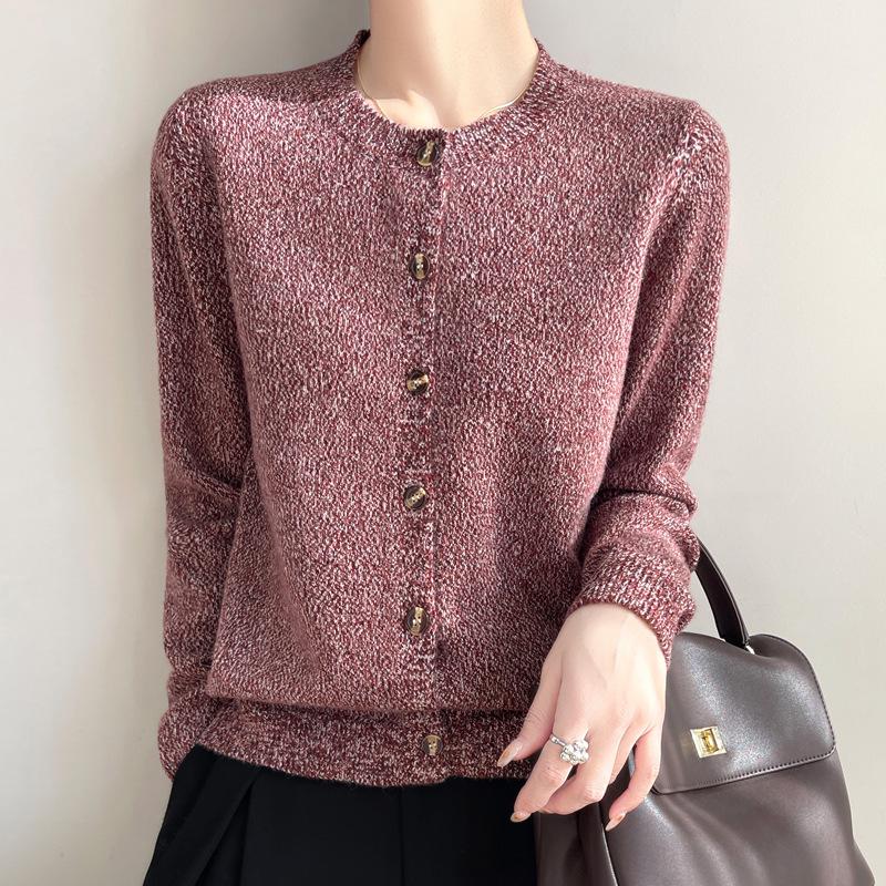 Spring 2025 Retro Velvet Round Neck Knit Cardigan - Space-Dyed Loose Fit for Women