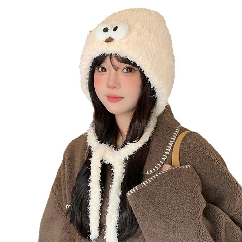 Cute Funny Hat for Women Thickened Ear Protection Warm Knitted Hat Big Head Size Woolen Hat Big Eyes Pullover Hat