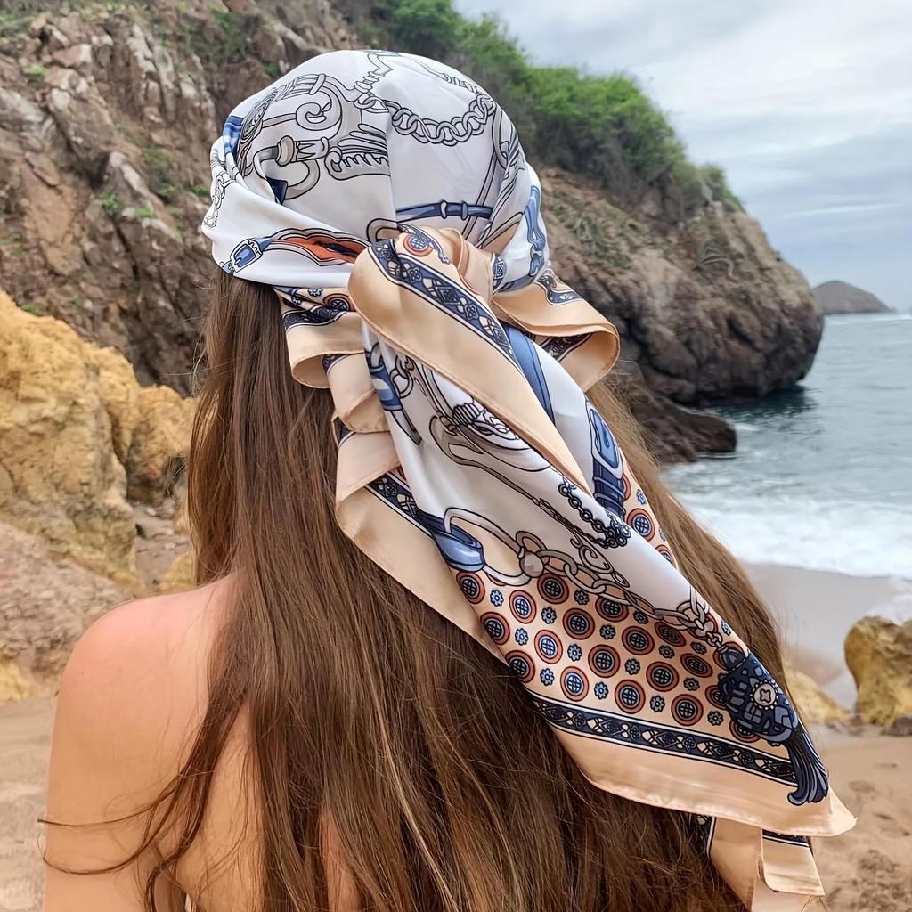 Chain Printed Square Hijab Scarf Stylish Thin Satin Shawl Elegant Style Sunscreen Headscarf For Women