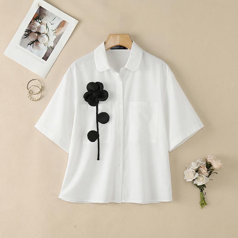 ZANZEA Women Casual Turn Down Collar Loose 3D Flowers Summer Half Sleeve Blouse