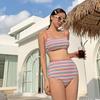 Fresh and fresh swimsuit for women, split striped high-waisted belly-covering, slimming student vacation hot spring swimwear