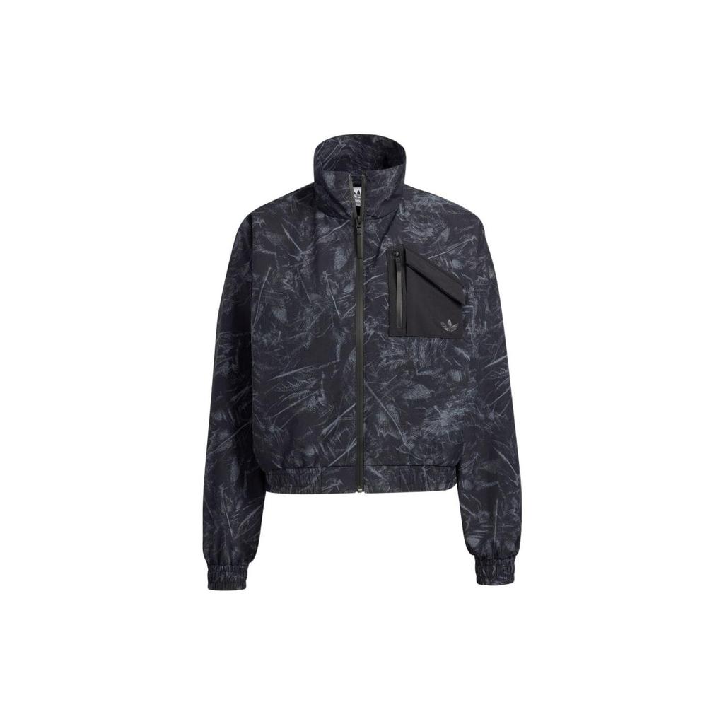 Adidas Originals Three Stripes Patch Pocket Stand Collar Front Zip Sports Jacket Women Jacket Black HS9506