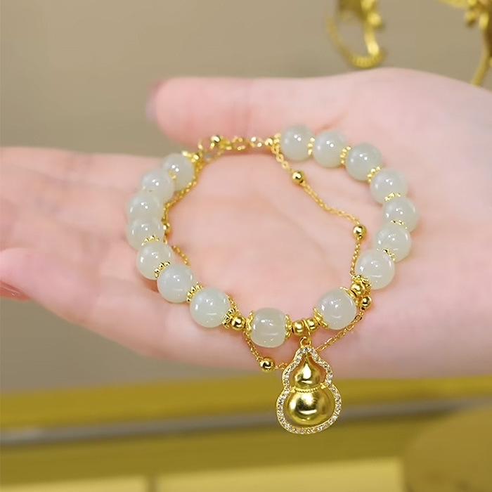 Fortune & Luck Gold-Plated Gourd Bracelet: High-End Women's Imitation Hetian Jade Beaded Jewelry Gift