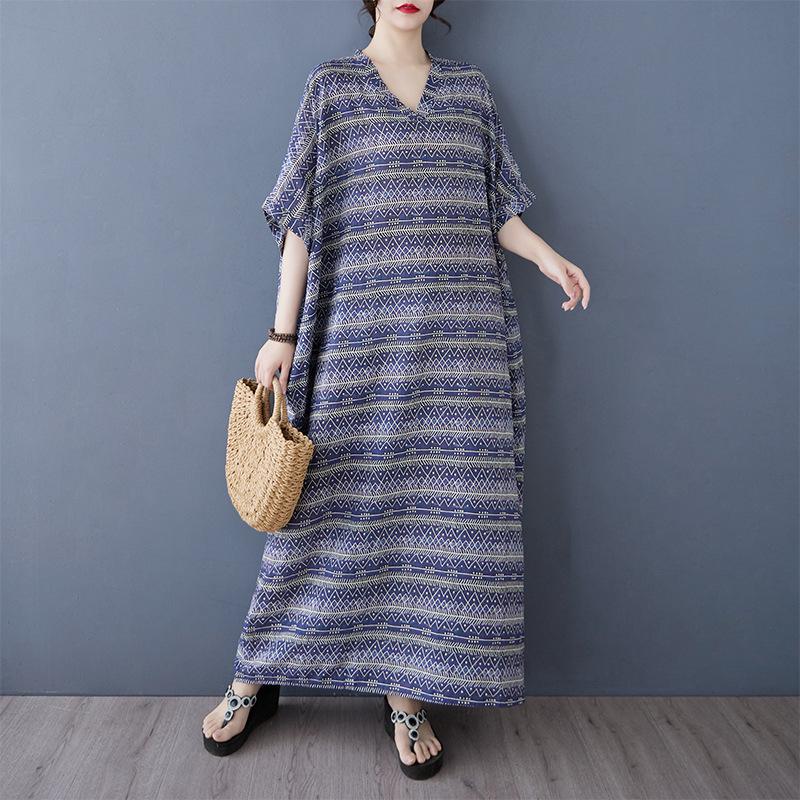 Summer Casual Artistic Plus Size Loose Print V-neck Short Sleeved Dress