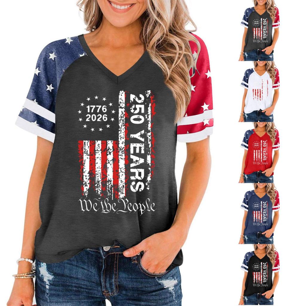 T-shirt décontracté à col en V pour femme, manches courtes, imprimé graphique 250 ans de liberté, haut Jour de l'Indépendance