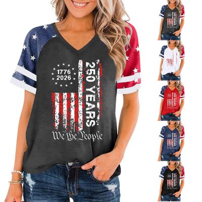 Women's Casual V Neck Pullover Short Sleeve T Shirt 250 Years of Freedom Graphic Print Independence Day Top