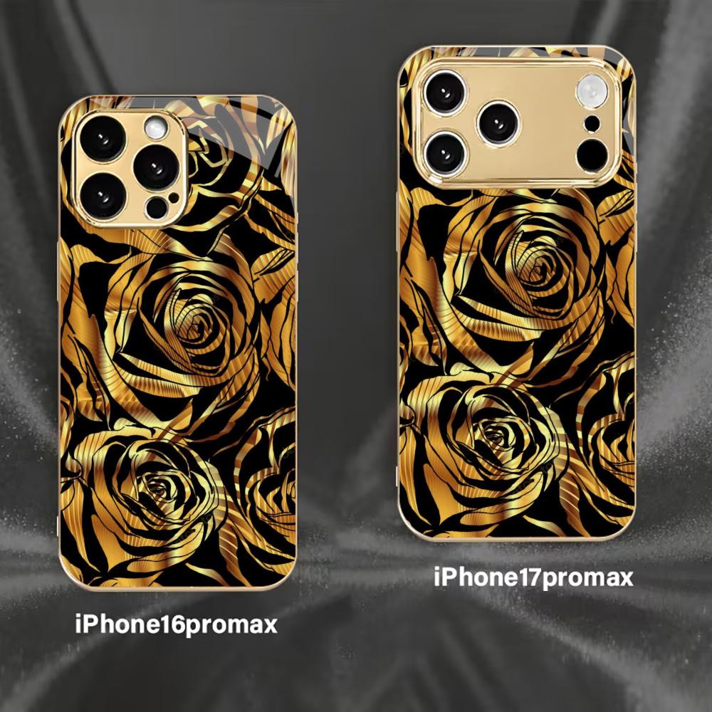 Luxury Black & Gold Rose mobile phones Glass phone case for iphone 17 pro max cover for iPhone 17 16 15 14 13 12 11pm Pro Plus