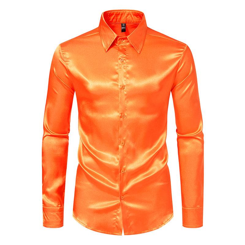 

2026 Men s Shiny Satin Long-Sleeve Shirt - Spring/Autumn Trendy Nightclub Style. XXL помаранчевий