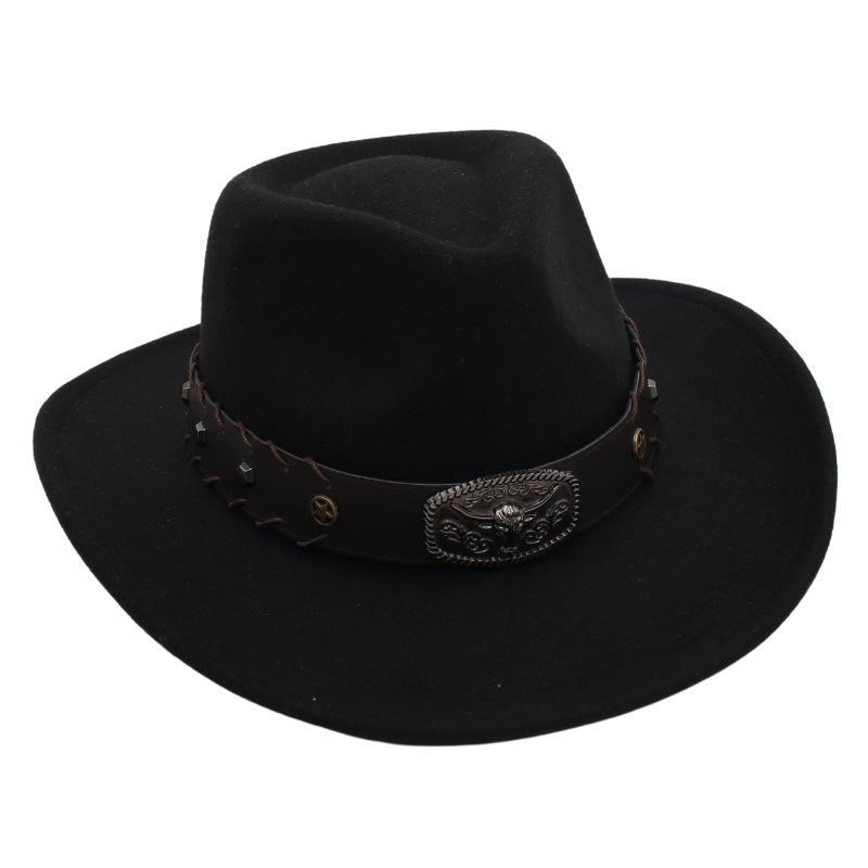 Gekreuztes Stierkopf-Abzeichen Zylinderhut Westlicher Cowboyhut Britischer Jazzhut Nationaler Stil Filzhut Ritterhut Elegant