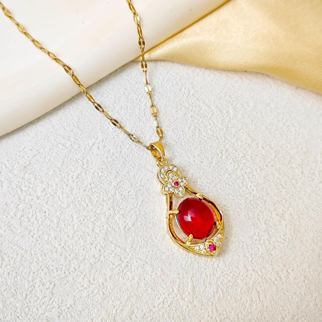 Retro Chic Titanium Steel Necklace: Luxury Gemstone Gourd Pendant for Women