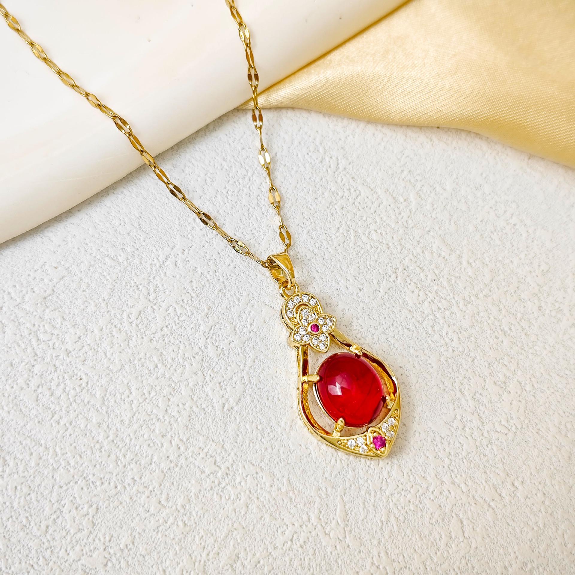 Retro Chic Titanium Steel Necklace: Luxury Gemstone Gourd Pendant for Women