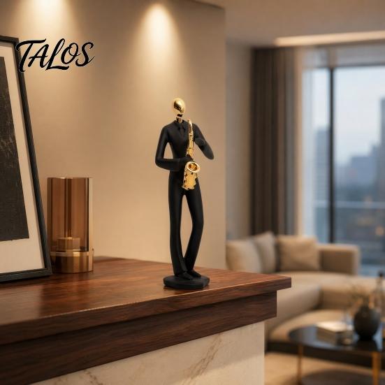 Artistic Musician Figurine Resin Sculpture, Stable Base Abstract Guitar Saxophone Singer Black Gold Music Statue Statue, Band Theme Decoration,