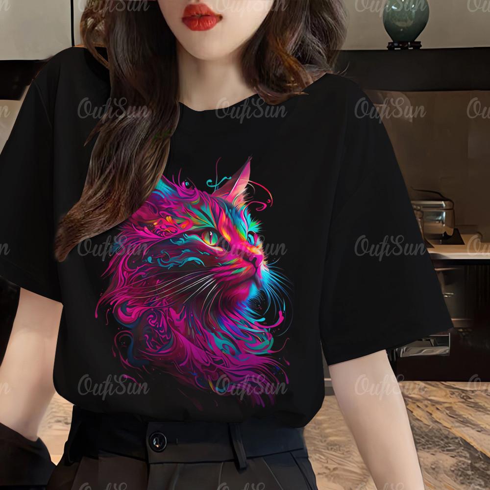 Women's cat printed T-shirt, Korean dress, short sleeved shirt, plus size