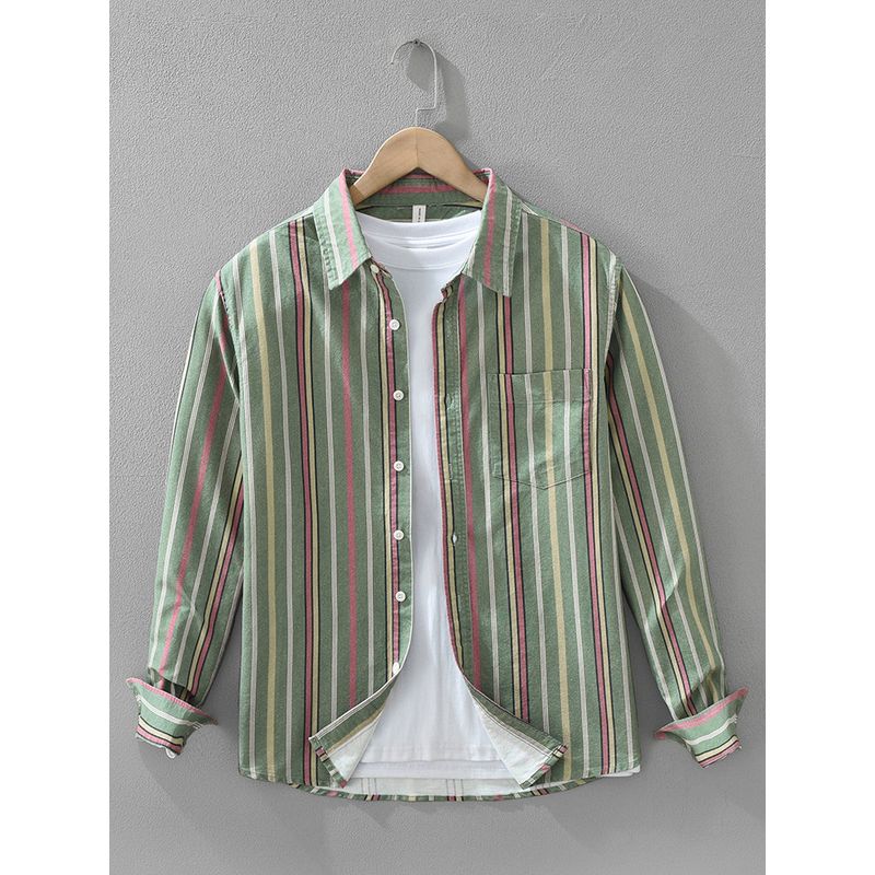 Spring Japan fashion Print Vertical Stripes Long sleeve Shirts Men's Loose Hong Kong Style Western Style Casual Shirt Outerwear Pure Cotton