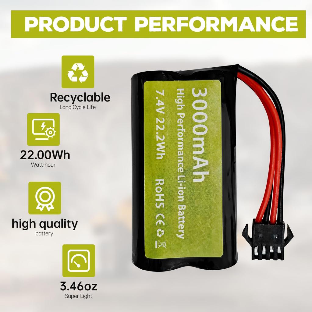 2PCS 7.4V 3000mAh 15C 2S Li-ion Battery with SM-4P Plug and USB Charging Cable for EC08, DE85, Remote Control Cars, Trucks, Boats, Drones, and