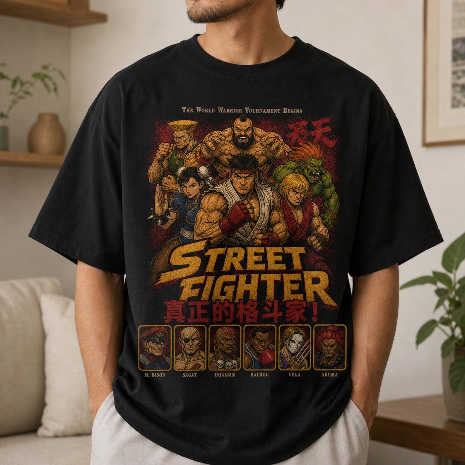Street Fighter Oversized Tee, Ryu Chun Li Retro Gaming T-Shirt L