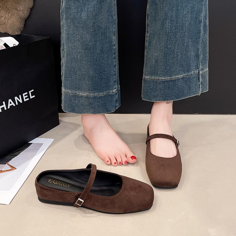 Retro Evening Wind Baotou Half Slippers Women's Versatile 2025 Autumn New Suede Thick-bottomed Muller Slippers